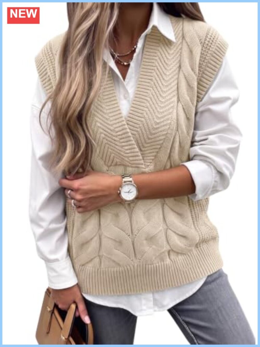 Cable Knit Sweater Vest V Neck Sleeveless Oversized Lightweight